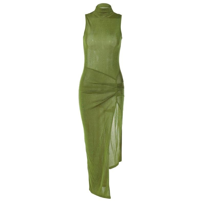 Y2K High Neck Ruched Slit Midi Dress - Irregular Sheer Design for Coquette & Grunge Aesthetic