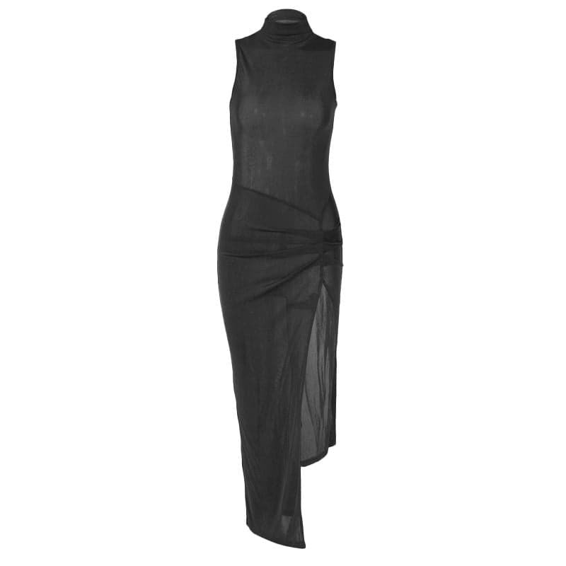 Y2K High Neck Ruched Slit Midi Dress - Irregular Sheer Design for Coquette & Grunge Aesthetic