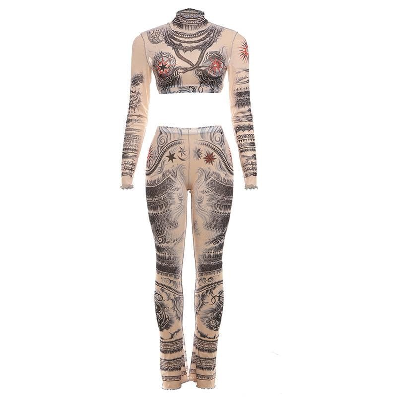 Y2K High Neck Ruffle Crop Top & Sheer Mesh Pants Set - Grunge & Coquette Aesthetic