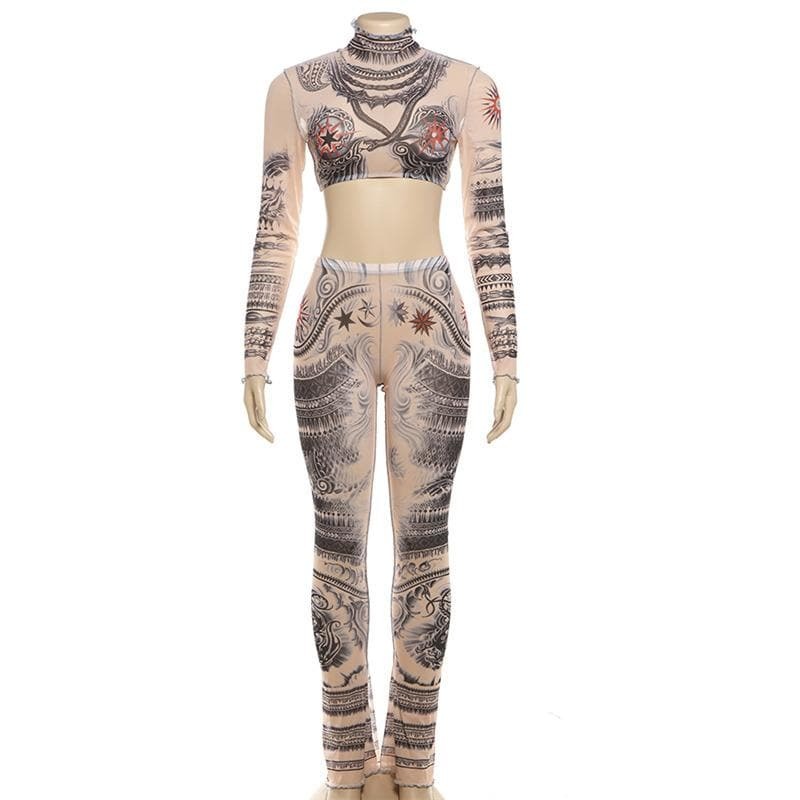 Y2K High Neck Ruffle Crop Top & Sheer Mesh Pants Set - Grunge & Coquette Aesthetic