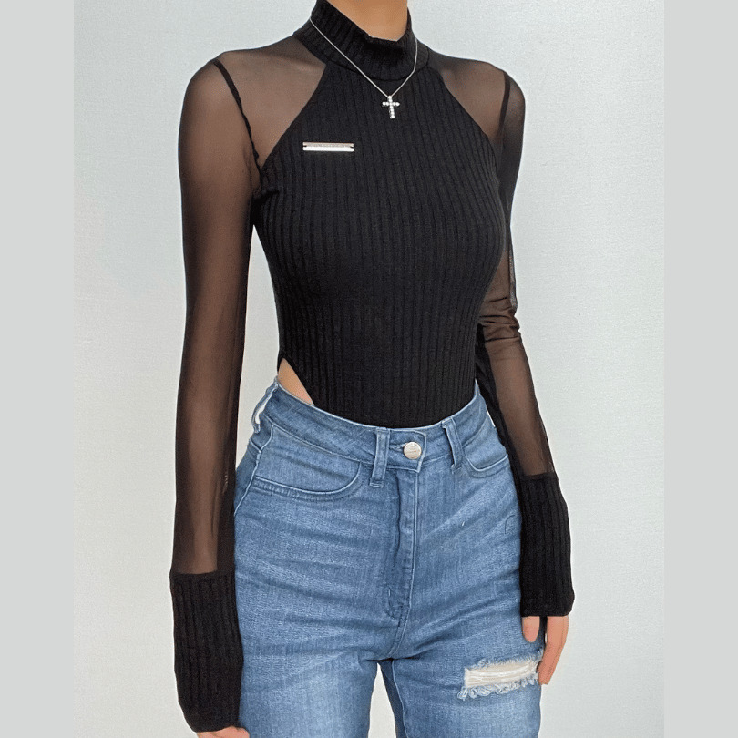 Y2K High Neck Solid Long Sleeve Mesh Patchwork Bodysuit - Grunge & Coquette Aesthetic