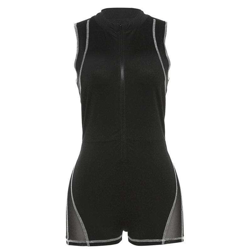 Y2K High Neck Stitch Zip-Up Tank Romper - Cute Coquette & Grunge Aesthetic Outfit