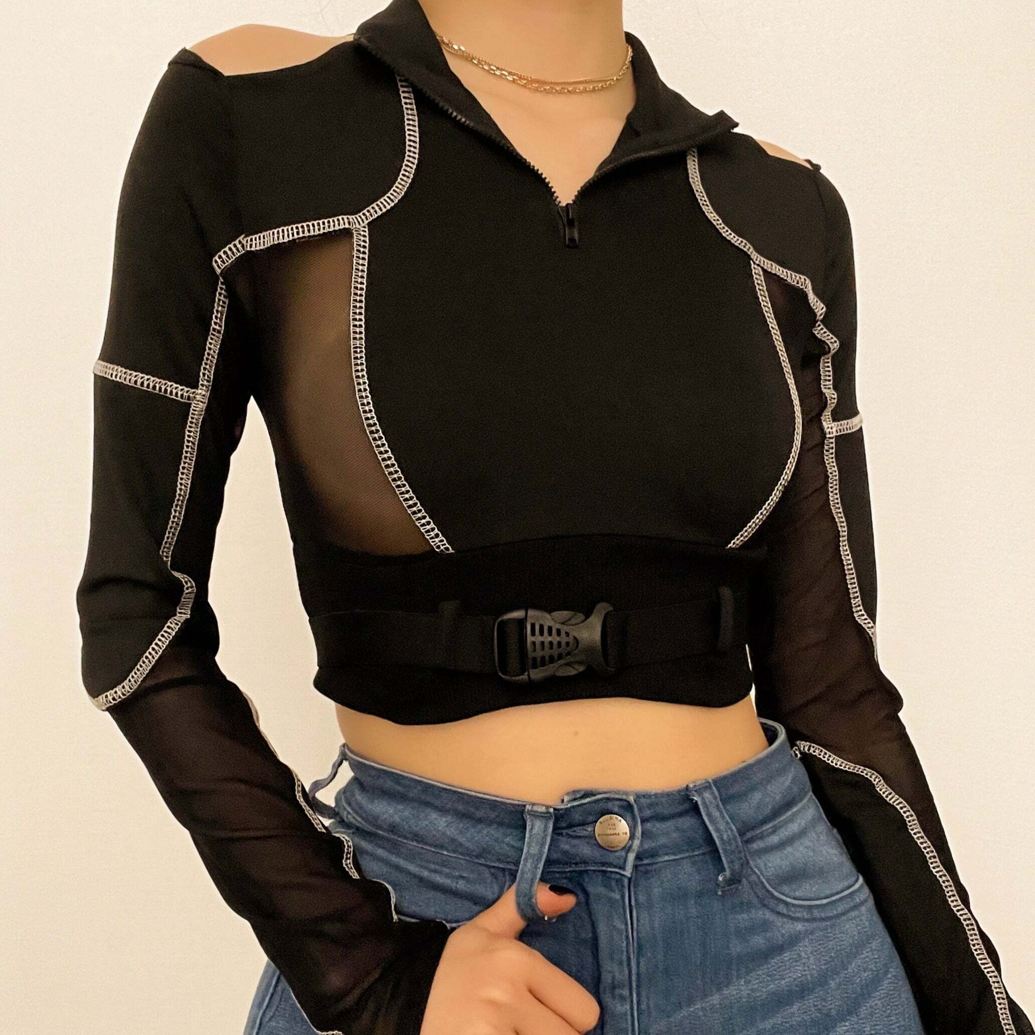 Y2K High Neck Zip-Up Mesh Patchwork Long Sleeve Crop Top - Grunge & Coquette Aesthetic
