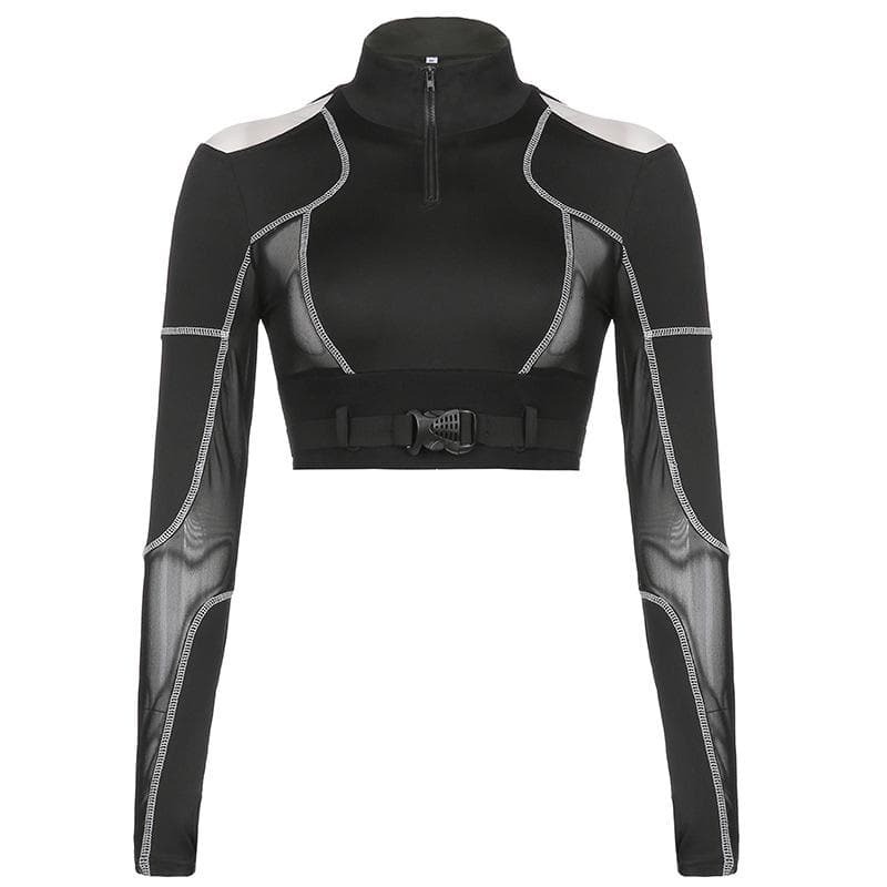 Y2K High Neck Zip-Up Mesh Patchwork Long Sleeve Crop Top - Grunge & Coquette Aesthetic