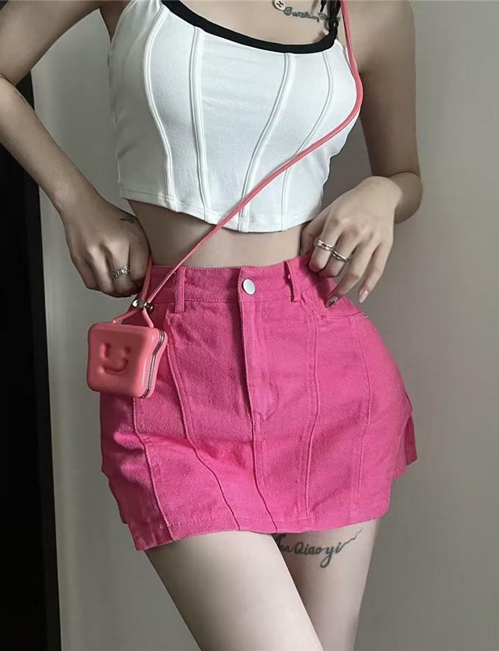 Y2K High Rise Split Hem Denim Mini Skirt - Grunge Aesthetic & Coquette Style Essential