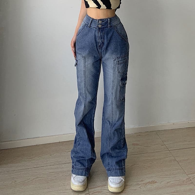 Y2K High Rise Straight Leg Jeans with Gradient Pockets - Vintage Aesthetic Denim Style