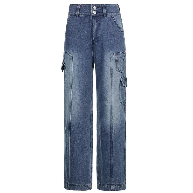 Y2K High Rise Straight Leg Jeans with Gradient Pockets - Vintage Aesthetic Denim Style