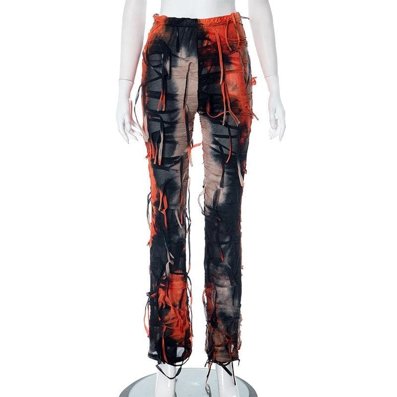 Y2K High Rise Tie Dye Pants with Textured Tassels - Trendy Grunge & Coquette Aesthetic