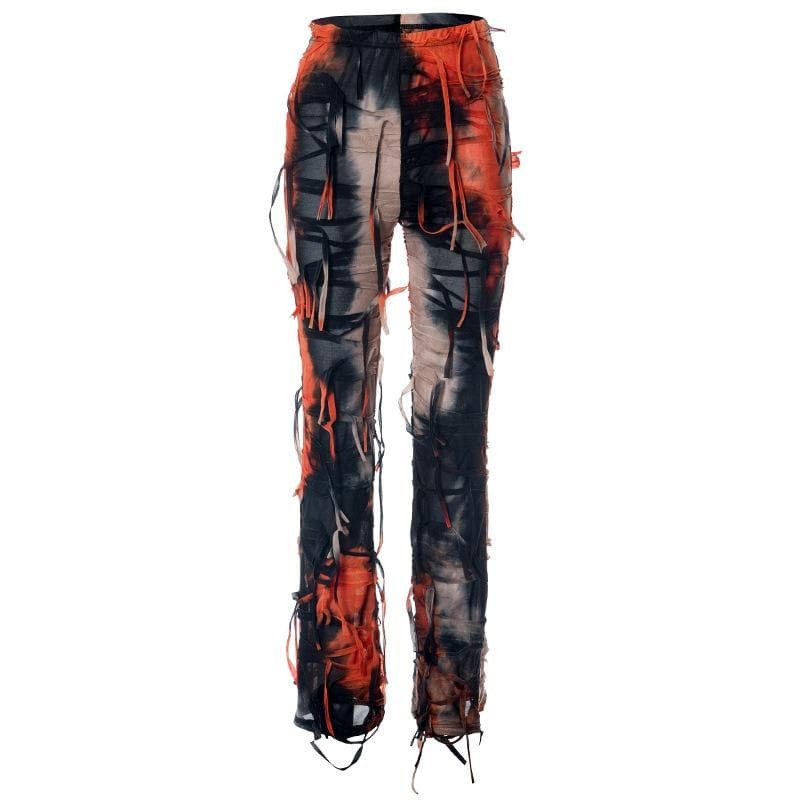 Y2K High Rise Tie Dye Pants with Textured Tassels - Trendy Grunge & Coquette Aesthetic