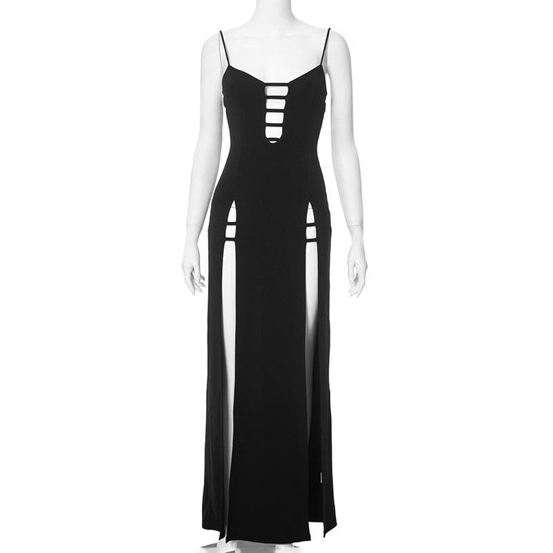 Y2K High Slit Backless Cami Cut-Out Maxi Dress - Grunge & Coquette Aesthetic Fashion