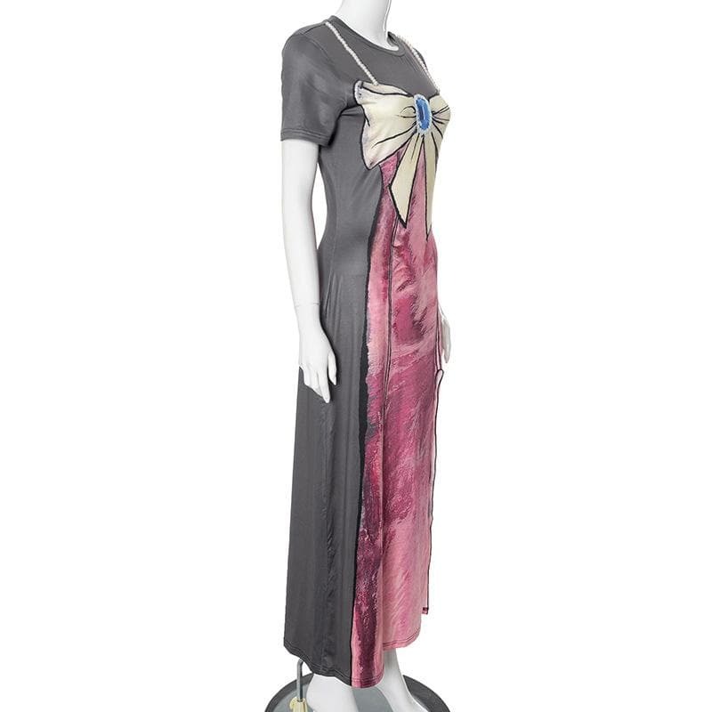 Y2K High Slit Maxi Dress with Short Sleeves - Coquette & Grunge Aesthetic Fashion