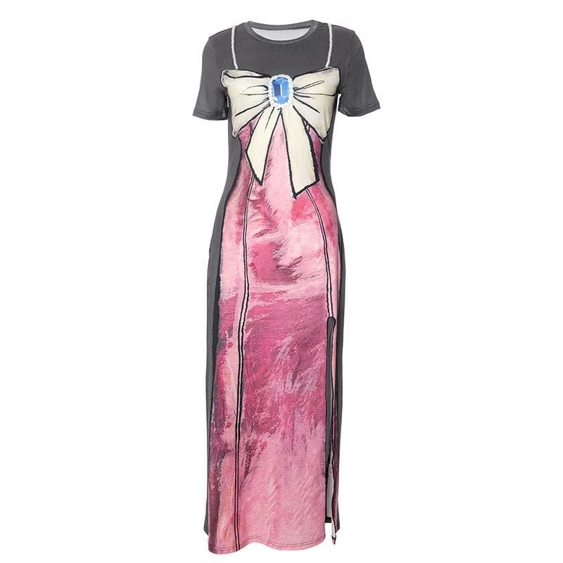 Y2K High Slit Maxi Dress with Short Sleeves - Coquette & Grunge Aesthetic Fashion