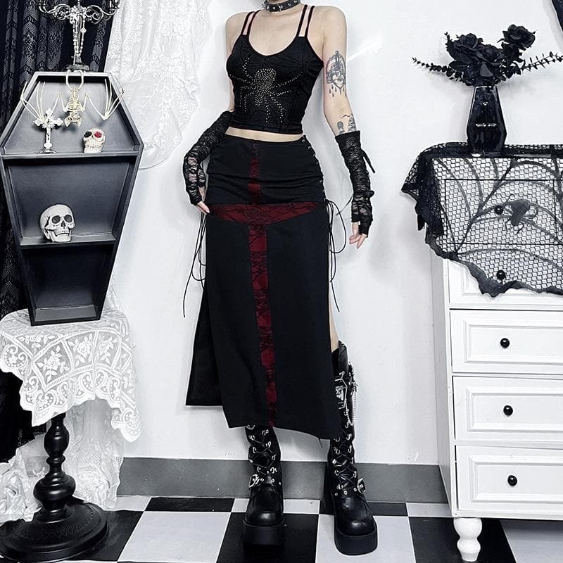 Y2K High Slit Midi Skirt - Grunge & Coquette Aesthetic Lace-Up Design for Trendy Outfits