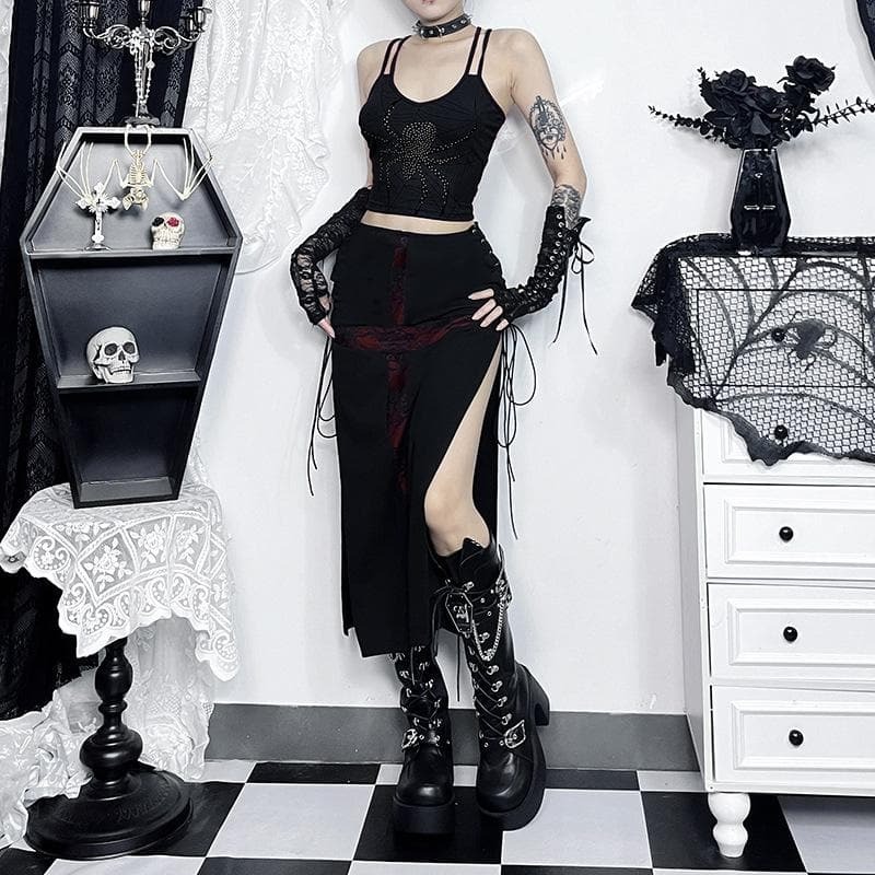 Y2K High Slit Midi Skirt - Grunge & Coquette Aesthetic Lace-Up Design for Trendy Outfits