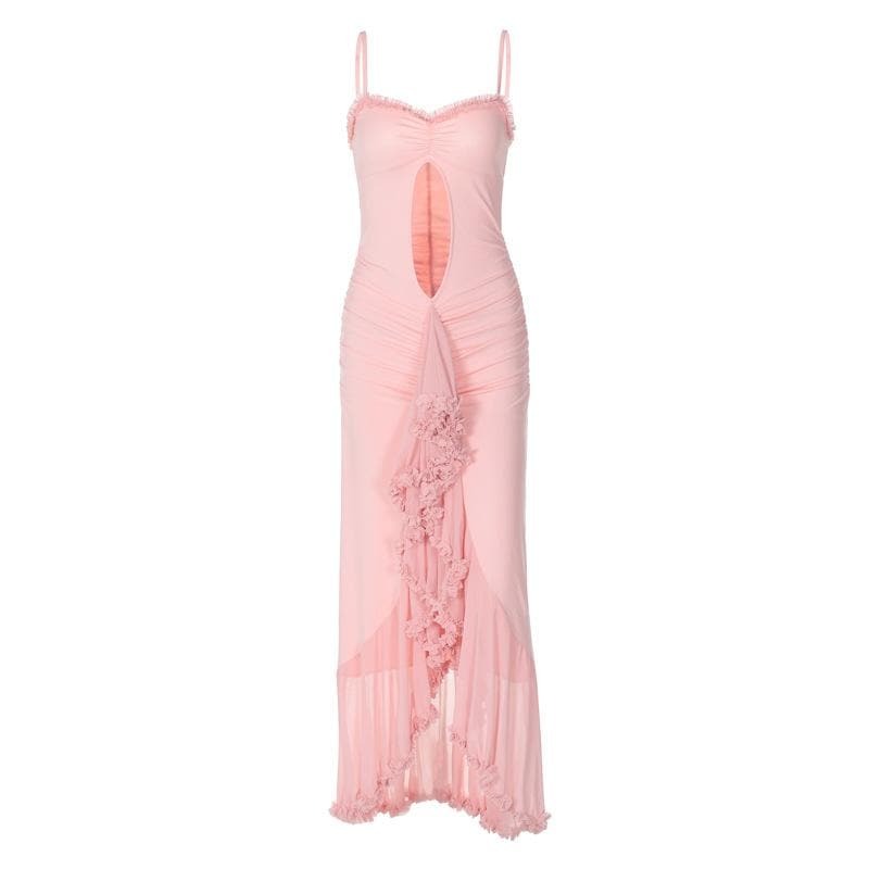 Y2K High Slit Ruched Cami Cut-Out Maxi Dress - Coquette & Grunge Aesthetic Fashion