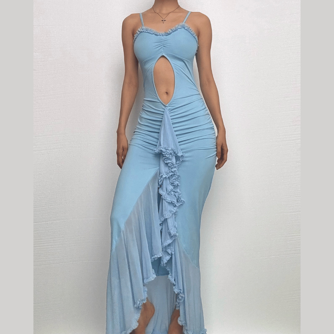 Y2K High Slit Ruched Cami Cut-Out Maxi Dress - Coquette & Grunge Aesthetic Fashion