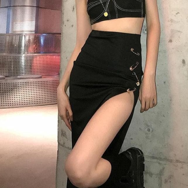 Y2K High Slit Ruched Midi Skirt - Grunge Aesthetic, Coquette Style, Cute & Comfy Fashion