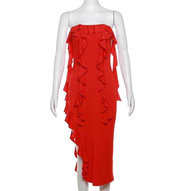 Y2K High Slit Ruched Tube Midi Dress - Coquette Aesthetic with Grunge Vibes