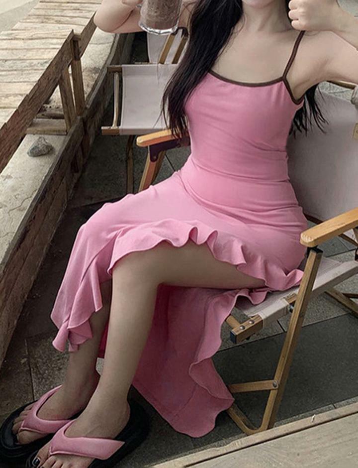 Y2K High Slit Ruffled Cami Midi Dress - Coquette Aesthetic with Grunge Vibes