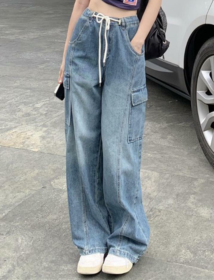 Y2K High Street Drawstring Elastic Waist Jeans - Comfy Grunge Aesthetic Denim Bottoms