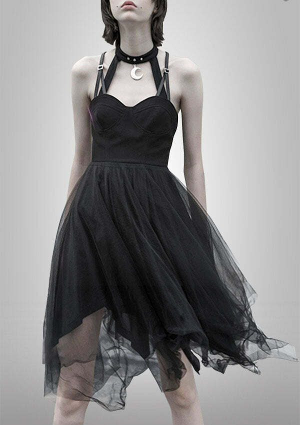 Y2K High Waist Black Tulle Slip Dress - Grunge Aesthetic & Coquette Style Essential
