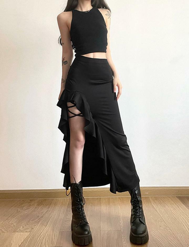 Y2K High Waist Cargo Skirt with Slit - Cute Pastel Goth & Grunge Aesthetic Fashion