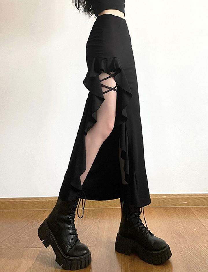 Y2K High Waist Cargo Skirt with Slit - Cute Pastel Goth & Grunge Aesthetic Fashion