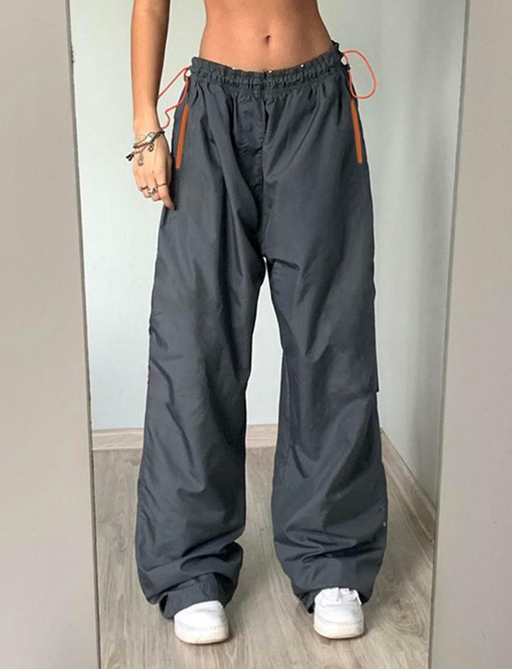 Y2K High Waist Drawstring Cargo Pants with Contrast Zip Pockets - Comfy Grunge Aesthetic