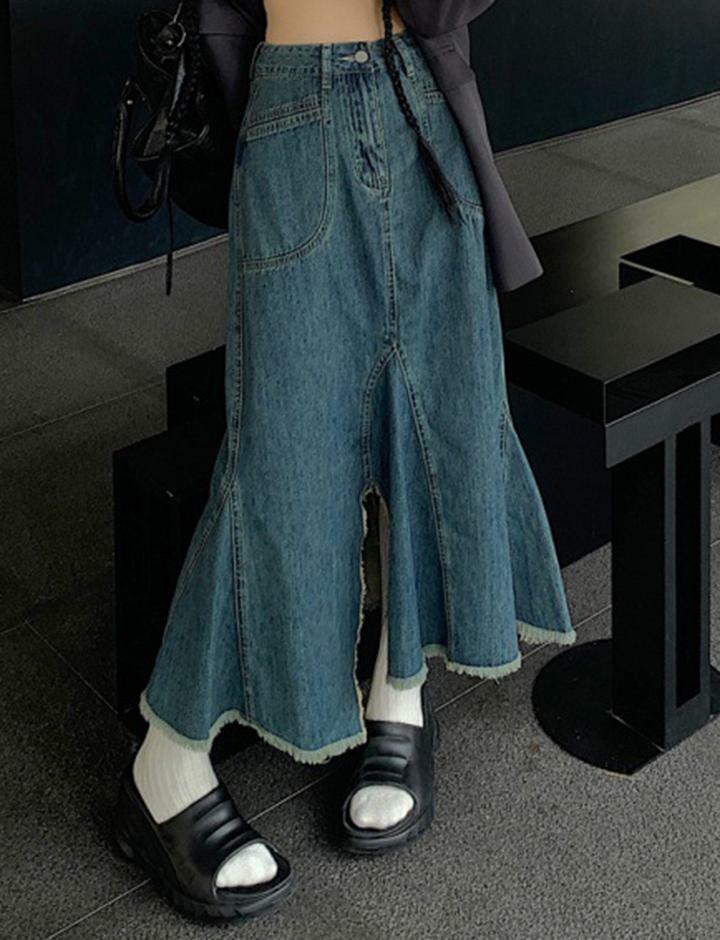 Y2K High Waist Frayed Denim Mermaid Skirt - Grunge Aesthetic & Coquette Style Fashion