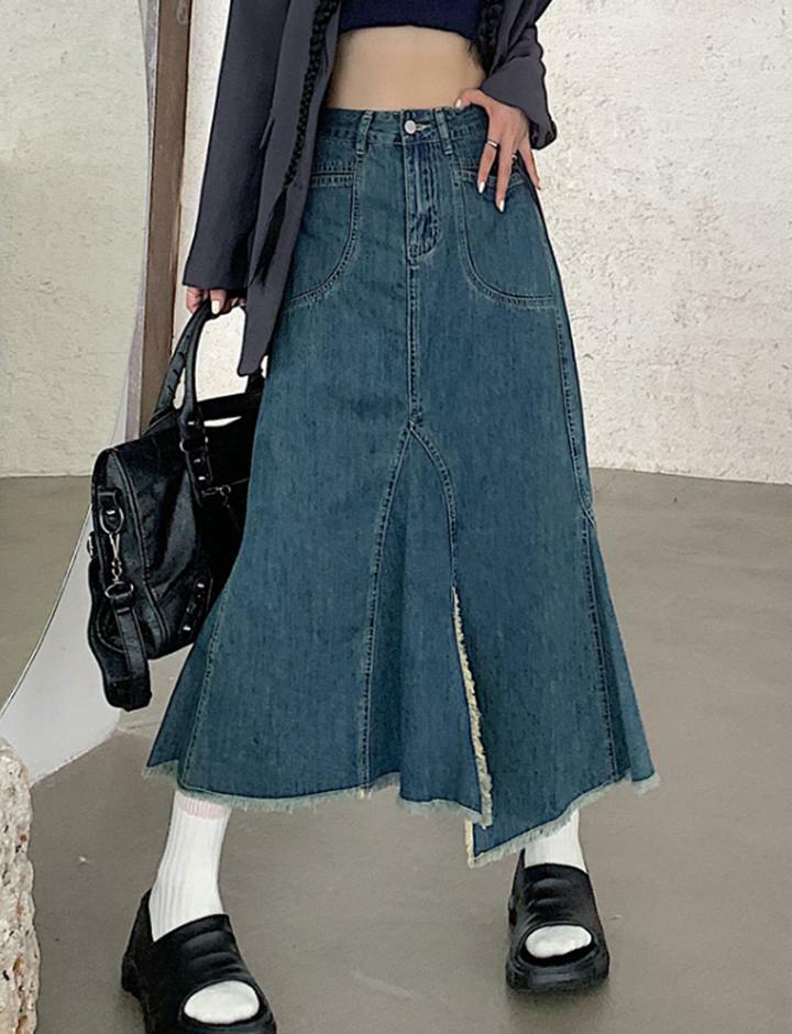 Y2K High Waist Frayed Denim Mermaid Skirt - Grunge Aesthetic & Coquette Style Fashion