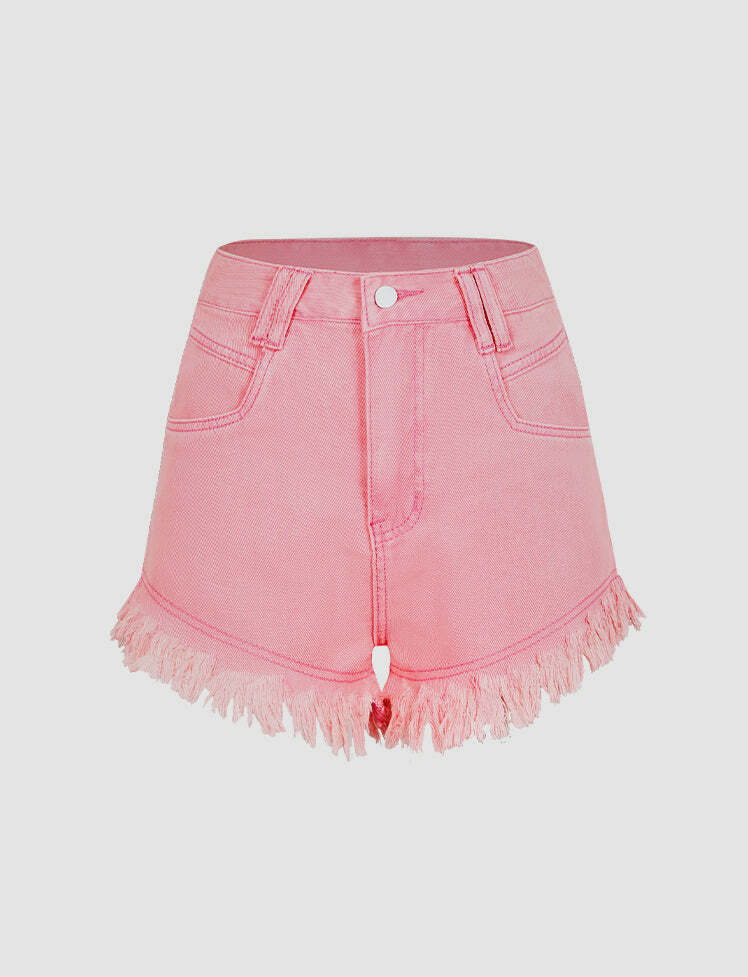 Y2K High Waist Fringed Denim Shorts - Cute Grunge Aesthetic for Trendy Outfits