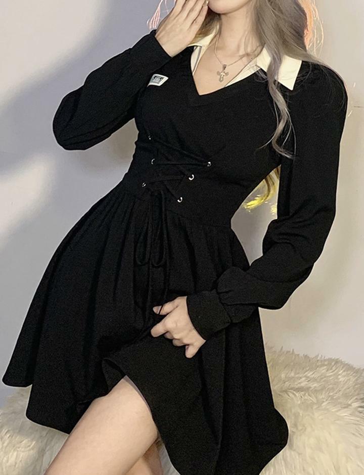 Y2K High Waist Lapel Tie Long Sleeve Dress - Coquette Aesthetic with Grunge Style Vibes