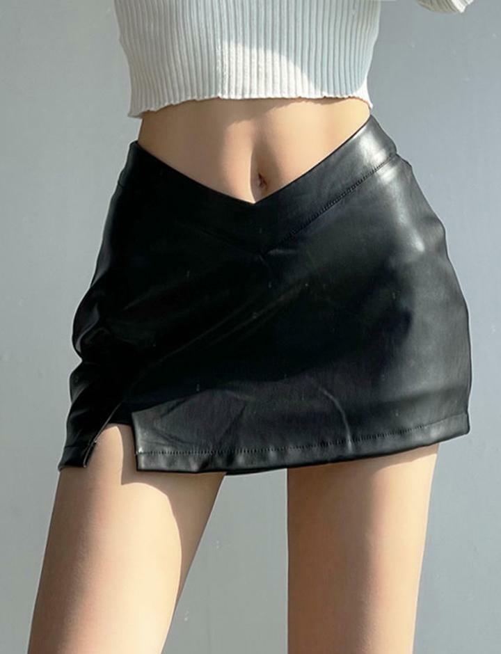 Y2K High Waist Leather Mini Skirt with Slit - Grunge & Coquette Aesthetic Fashion