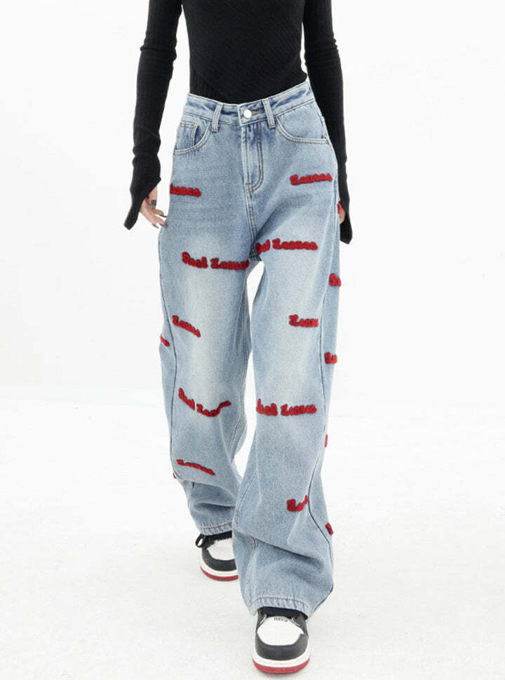 Y2K High Waist Red Embroidered Jeans - Vintage Aesthetic, Grunge Style, Cute Outfits