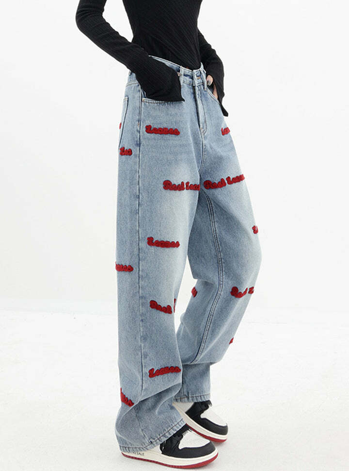 Y2K High Waist Red Embroidered Jeans - Vintage Aesthetic, Grunge Style, Cute Outfits