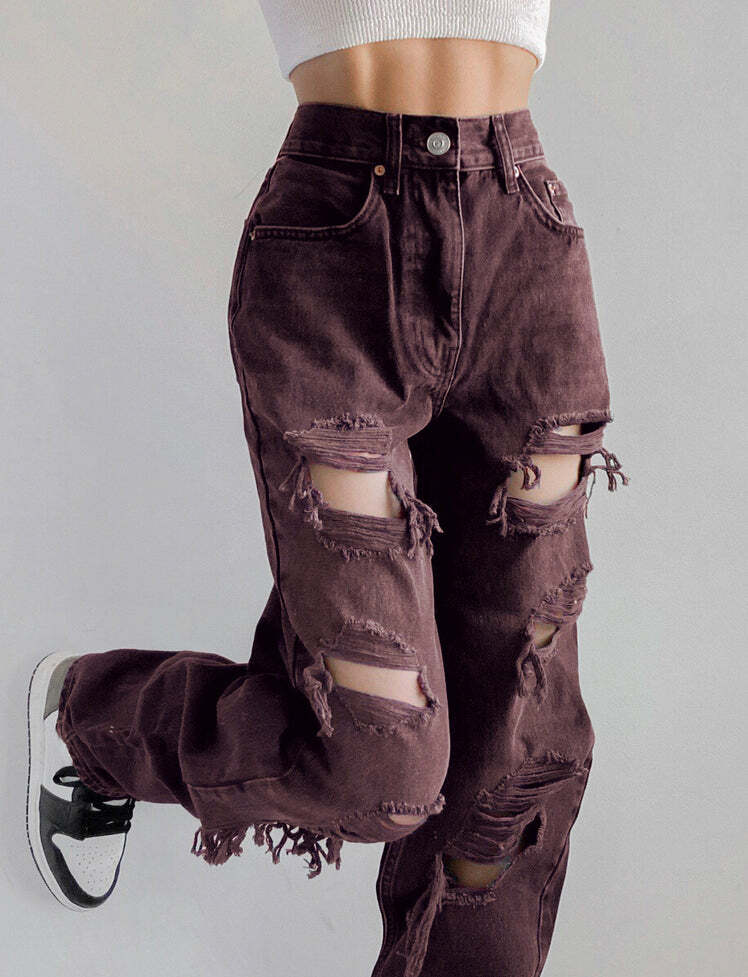 Y2K High Waist Ripped Straight Leg Pants - Grunge Aesthetic, Vintage Style, Comfy Fit