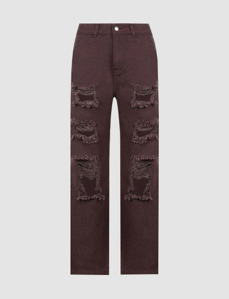 Y2K High Waist Ripped Straight Leg Pants - Grunge Aesthetic, Vintage Style, Comfy Fit