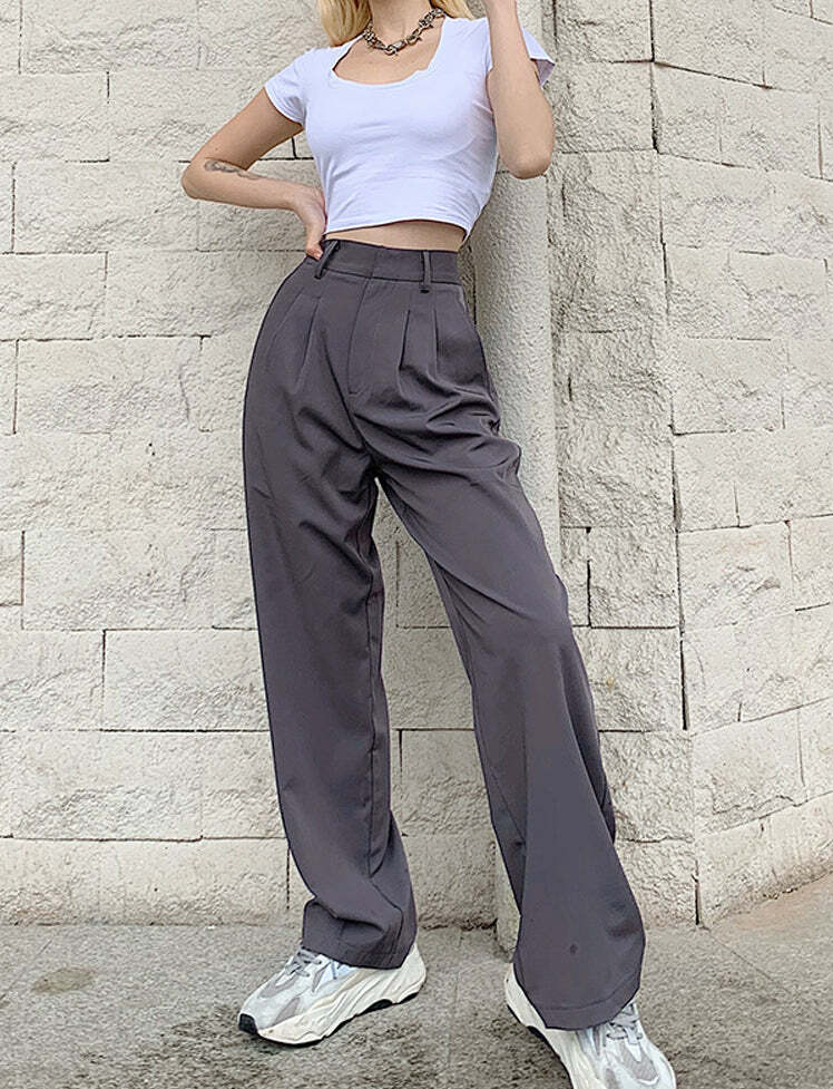 Y2K High Waist Straight Leg Trousers - Vintage Aesthetic, Grunge Style, Comfy Chic