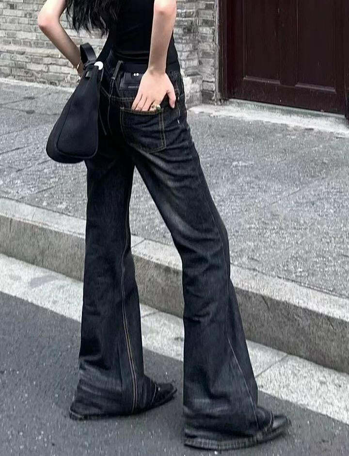 Y2K High Waisted Black Flared Jeans - Retro Grunge Style for Aesthetic Outfits