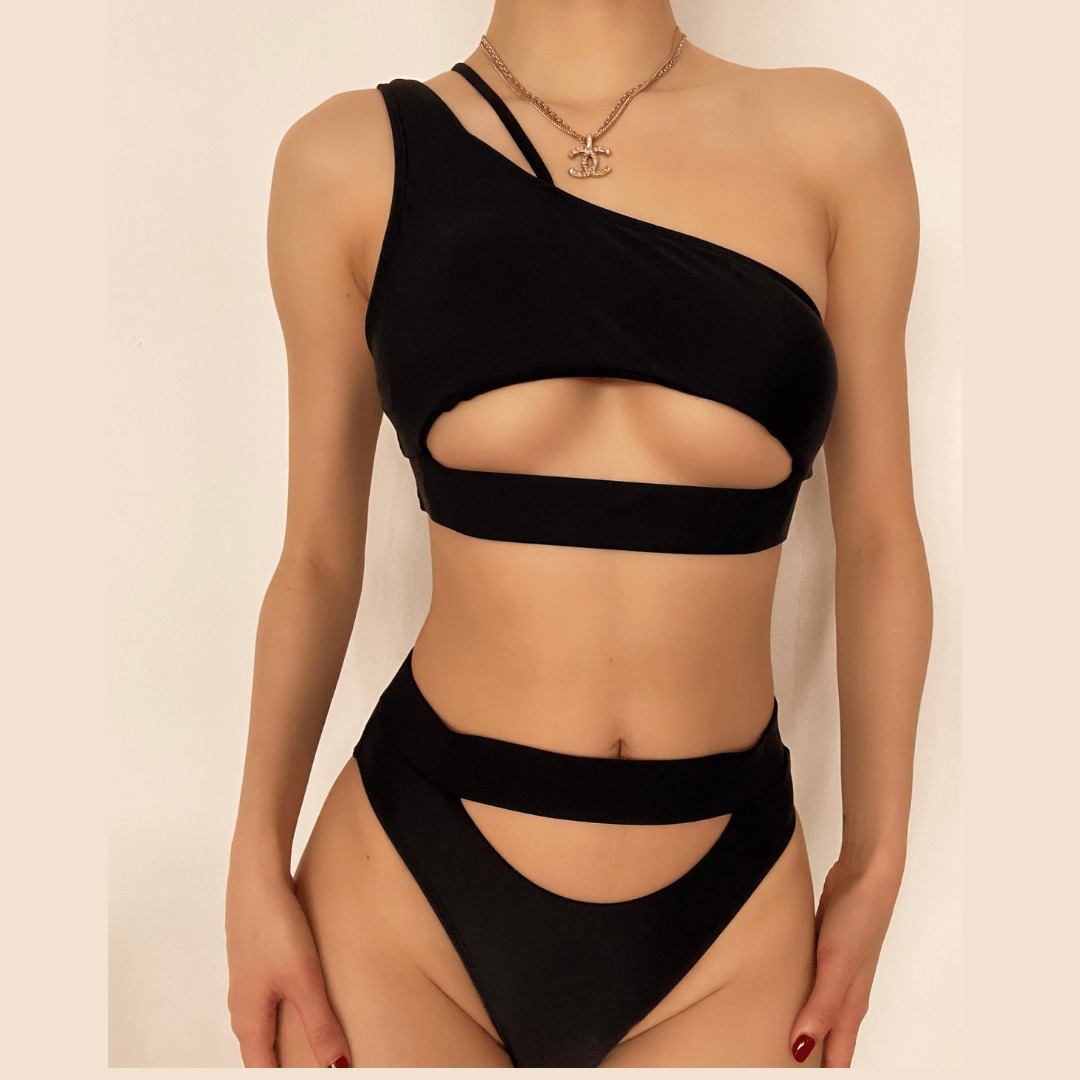 Y2K High Waisted One Shoulder Solid Bikini - Cute Coquette & Grunge Aesthetic Swimwear