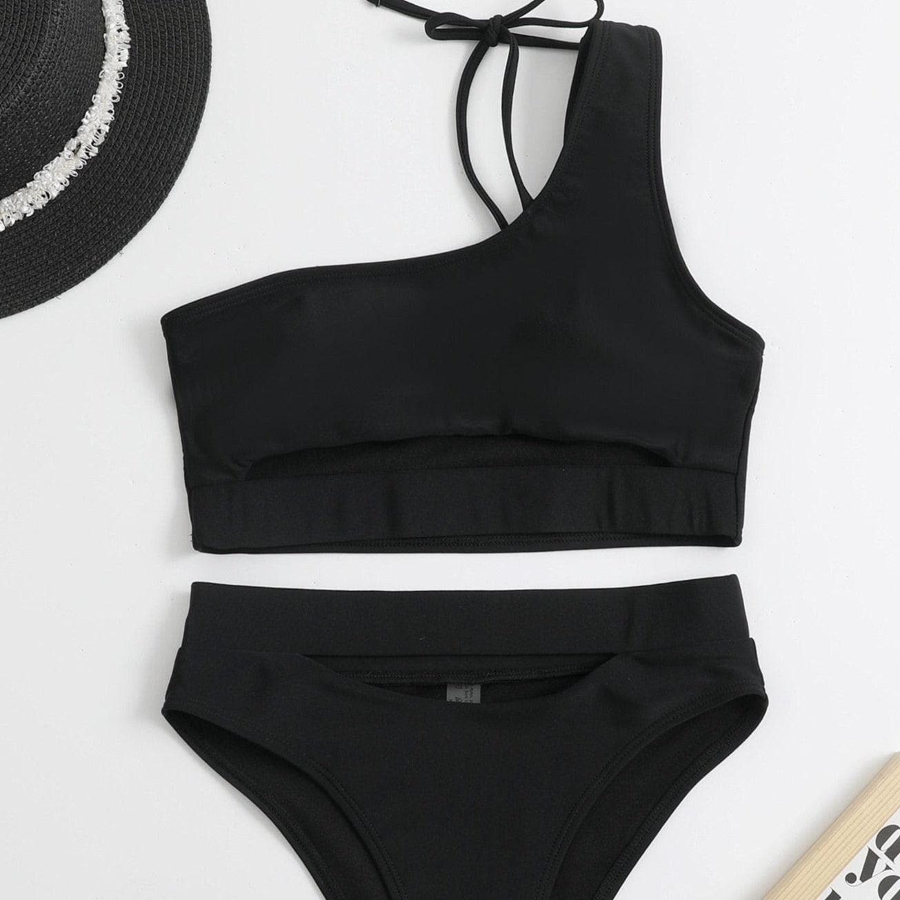 Y2K High Waisted One Shoulder Solid Bikini - Cute Coquette & Grunge Aesthetic Swimwear
