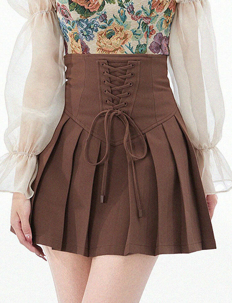 Y2K High Waisted Pleated Mini Skirt - Grunge Aesthetic Lace Up Style for Cute Outfits