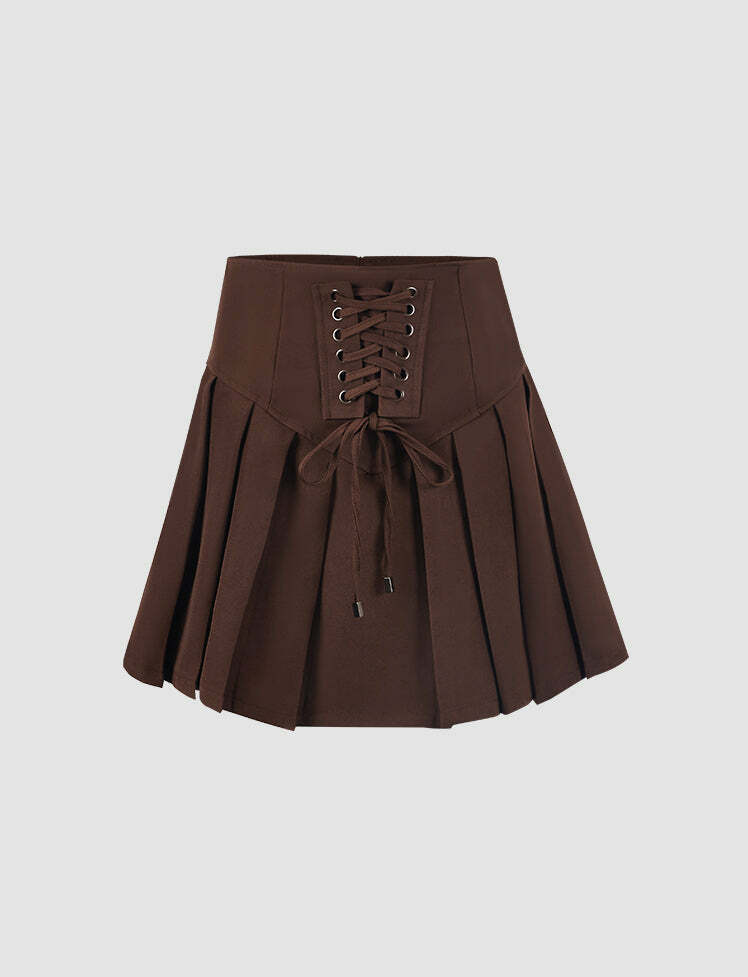 Y2K High Waisted Pleated Mini Skirt - Grunge Aesthetic Lace Up Style for Cute Outfits