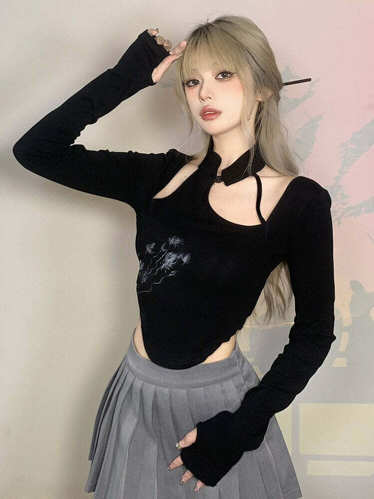 Y2K Hollow Out Halter Top - Cute Grunge Aesthetic Crop for Coquette & Pastel Goth Styles