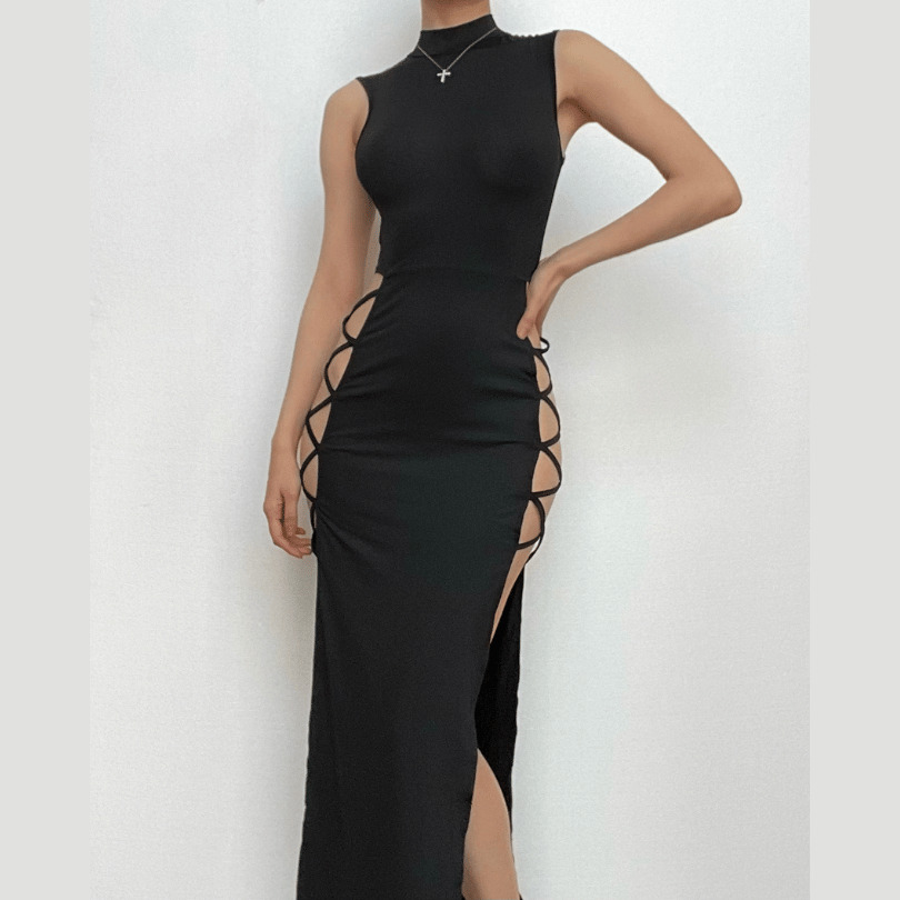 Y2K Hollow Out Lace-Up High Neck Dress - Coquette & Grunge Aesthetic Fashion Statement