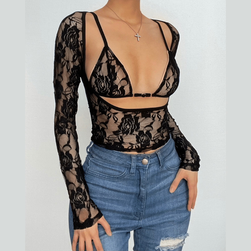 Y2K Hollow Out Lace Two-Piece Cut-Out Top - Coquette & Grunge Aesthetic Fashion
