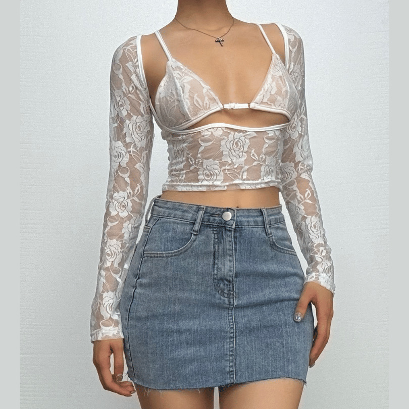 Y2K Hollow Out Lace Two-Piece Cut-Out Top - Coquette & Grunge Aesthetic Fashion