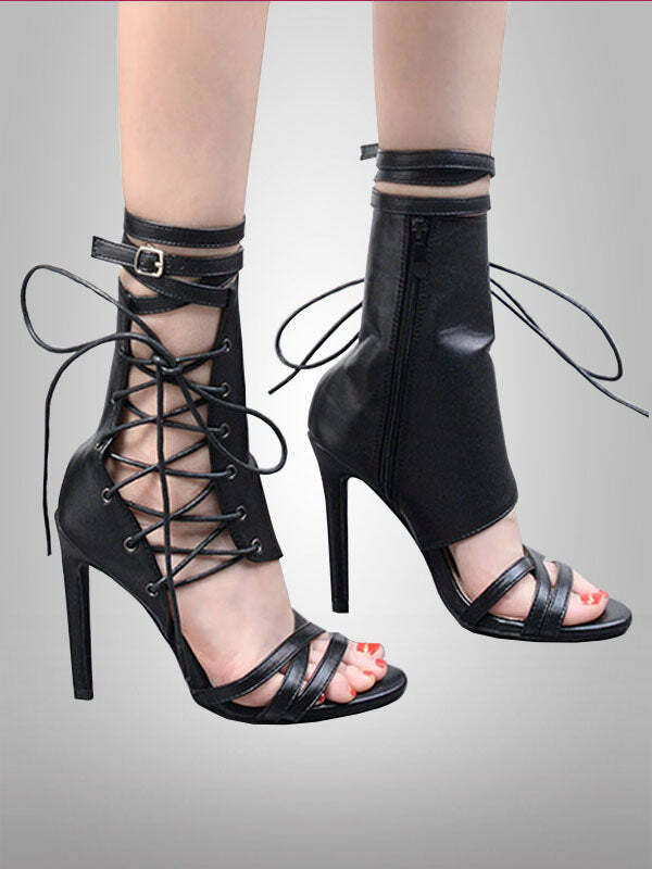 Y2K Hollow Out Lace Up High Heels - Grunge Aesthetic Footwear for Coquette Style