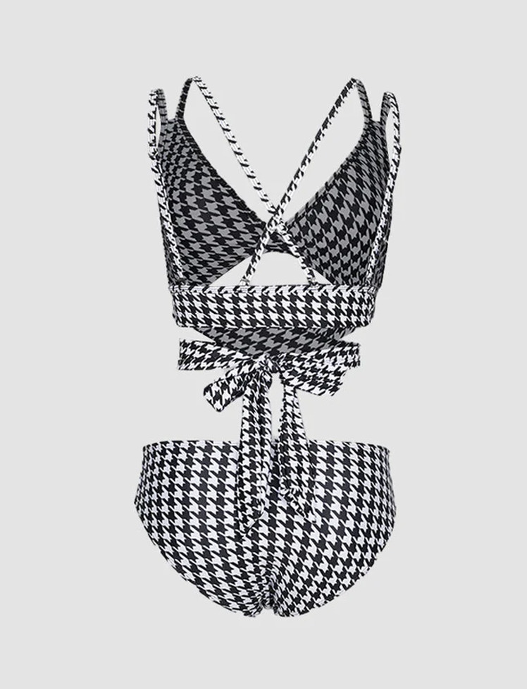 Y2K Houndstooth Cross-Tie Swimwear - Cute Coquette Aesthetic for Summer Vibes