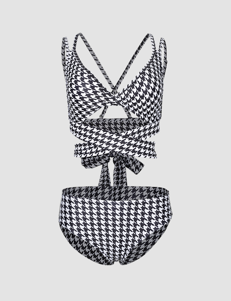 Y2K Houndstooth Cross-Tie Swimwear - Cute Coquette Aesthetic for Summer Vibes